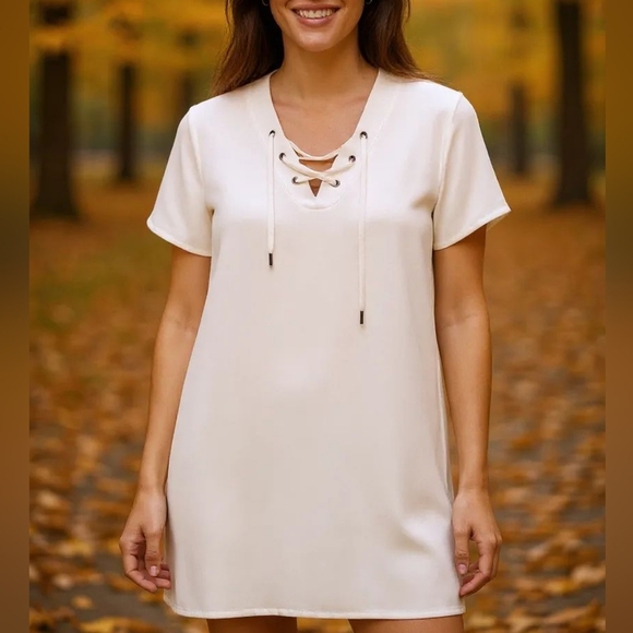 Ideology - NWOT, White Shift Dress, Short Sleeves, Laced Up Front, - Picture 13 of 13